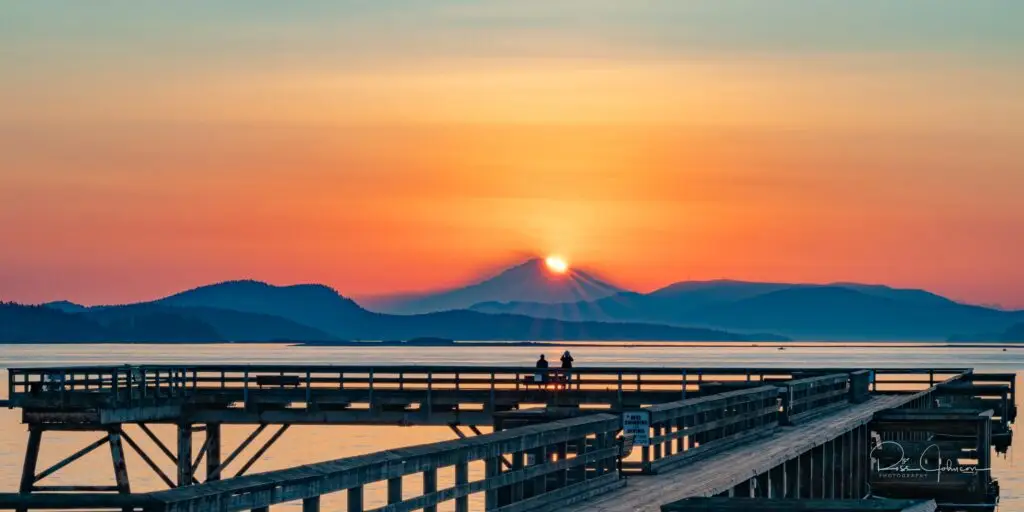 Sunrise over Sidney Pier with Mount Baker and the Salish Sea